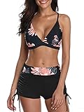 PONCEAU Bikini Damen Set Push Up Verstellbar Bikinioberteil Zweiteiliger Wickel Bikinihose Tiefer V Ausschnitt Oberteil Bikinihose Hotpants Strandkleidung