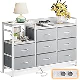 ODK Kommode mit Schubladen,2 USB & 2 AC-Anschlüssen,Multifunktionaler Schubladenschrank für Schlafzimmer und Wohnzimmer - Stabile und Langlebige Sideboard,132 x 30 x 88 cm,Weiß und Hellgrau