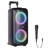 Ibiza - VENUS600-2x8'/20 cm, 600 W batteriebetriebener tragbarer Lautsprecher mit Lichteffekt auf der Vorderseite und kabelgebundenem Mikrofon - Bluetooth, USB, microSD, AUX und MIC - Schwarz