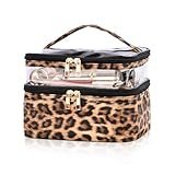 2 in 1 Kosmetikkoffer Leopardenmuster, 22x16x15cm, Kulturbeutel Groß mit Pinseltasche, Griff, wasserdichte Teiler, Schminktasche Kulturtasche Beautycase Damen Herren, Kosmetiktasche Reisen Rucksack