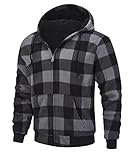 zity Kariertes Hoodie Herren Fleece Flanell Sweatshirt Reißverschluss Winter Softshelljacke Warm Gefüttert Holzfällerjacke mit Kapuze Grau XL