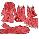Womens Pyjamas, Schlafanzug Frauen, Satin Pyjama Kurz Set 4 Teilig Schlafanzüge Für Frauen Nachtwäsche Hausanzug Schlafen Nachthemd Morgenmantel Shorts Loungewear