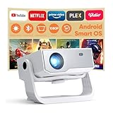 Wielio Neuer Smart Beamer, Full HD 1080P mit 4K Unterstützung, Android 11, 25000 Lumens Helligkeit, 120° Verstellbarer Ständer, elektrischer Fokus, Trapezkorrektur, WiFi 6 & BT 5.2 Heimkino Beamer