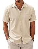 COOFANDY Herren Kurzarm Hemd Business Hemden mit Tasche Freizeithemd Casual Sommerhemd Fischgrätmuster Textured Shirts Creme Beige 3XL