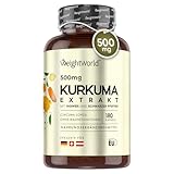 Kurkuma Extrakt Kapseln - 500mg Curcuma Extrakt - 180 Stück für 6 Monate - Curcuma mit 20mg Ingwer & 600mg schwarzem Pfeffer - 1 Kapsel täglich - Kurkumin - WeightWorld