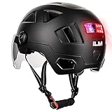 ILM Smart Fahrradhelm Damen Herren mit Visier Warnung Bremse LED Lichtsensor Lichtfunktion Kopfneigen Blinken Auszulösen Modell E3-12LS,Mattes Schwarz,L/XL