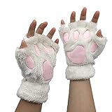 Tonsee Bekleidung 1 Paar Handschuhe Fingerlos Damen Mädchen Plüsch Halb Handschuhe Dicken Warmen Fingerhandschue Niedlich Cartoon Tier Bär Katze Krallen Fäustlinge Winterhandschuhe (Weiß)