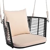 COSTWAY Hängesessel Rattan, bis 180kg belastbar, Hängesitz mit Kissens & Metallrahmen & Hängeseilen, Hängestuhl Schaukelstuhl Schaukel, Schaukelsessel für Veranda Garten Hinterhof (Beige)