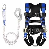 WingFly Fallschutz Auffanggurt, Absturzsicherung Sicherheitsgurt Set 5 Punkt Vollkörper Auffanggeschirr, mit 2 Haken, Max 150kg, Fallschutz Sicherheitsseil mit Puffer für Arbeiten in der Luft (B)