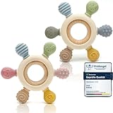 CAJA Beißring Baby - 2 Stück - Beißspielzeug Zahnungshilfe aus Silikon & Holz, Baby, BPA-frei, Tiermotive, Zahnen & Greifring für Babys - Sicheres Spielzeug (complexion + complexion A)