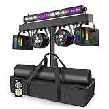 Telbum DJ Licht DMX DJ Lichtanlage mit Stativ, 2x LED PAR, 2x Derby und 1x UV stroboskop Lichtleiste, Musikgesteuert Bühnenlicht Set für Party Disco Kirchen Hochzeit inkl. Fernbedienung & Tragetasche