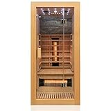 Dewello Infrarotkabine Infrarotsauna Milton 90x90 für 1 Personen aus Hemlock Holz mit Vollspektrumstrahler, LED-Farblicht Sternenhimmel und Steinwand, Bluetooth, FM,MP3,USB