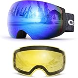 Odoland Skibrille Unisex für Damen und Herren Jungen Rahmenlose Snowboardbrille mit Magnetische Wechselglas UV-Schutz Anti-Nebel Schneebrille Helmkompatible Ski Goggles zum Skifahren Schwarz Blau