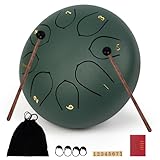 LOMUTY Stahlzungentrommel, 6 Zoll 15 cm Steel Tongue Drum, C-Dur 8 Noten, Handtrommel HandPan Drum mit Drumsticks/Tragetasche(Grün)