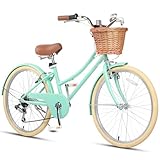 Glerc 24' Mädchen Cruiser Bike 6-Gang Cruiser Women's Hybird Fahrrad für Alter 7 8 9 10 11 Jahre alt mit Weidenkorb. Leichter Rahmen und Gabel, Mintgrün