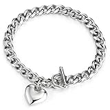 Rolo Gliederkette Charm-Armband für Damen, Gliederarmband Edelstahlarmband mit Puff Herz, Knebelverschluss, Poliert