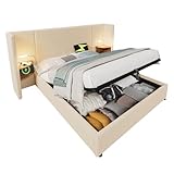 Polsterbett Doppelbett 160×200 mit Nachttisch, Leselampe und USB Type-C Ladefunktion, Bettanlage Stauraumbett Bettgestell mit Lattenrost aus Massivholz und Metall, Beige-Weiß, Cordstoff(Ohne Matratze)