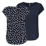 ONLY Damen Top ONLVIC 2er Pack Basic Shirt Rundhals Regular Fit Bluse Kurzarm Oberteil Reißverschluss Muster Sommer Blau 42, Größe:42, Farbe:Night Sky (15284243)