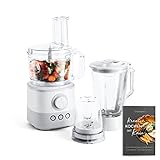 SPRINGLANE Food Processor 1000 W, 1,5 L Glasbehälter, inkl. 4 Schneidescheiben, Messereinsatz, Knethaken, 150 ml Mini-Zerkleinerer, Rezeptheft - Weiß