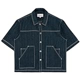 JCARSON Herren-Jeanshemd, Kontrastnähte, Button-Down-Shirt, übergroße Arbeitskleidung, Button-Down-Shirt, 90er-Jahre-Stil, Streetwear-Hemd, Marineblau, Klein