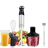 Bammare 4-In-1-Handmixer, Kleiner Mixer mit Stufenloser Drehzahl and Turbo-Modus,Edelstahlklingen,Schneebesen,Zerkleinererschüssel,Stabmixer für Suppen Babynahrung