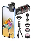 APEXEL Camera Lens Kit 18x Monocular Telescope, 0,63x Weitwinkel, 15x Makroobjektiv, 198 ° Fisheye-Objektiv, Flexibles Kamerastativ für iPhone, Samsung und die meisten Smartphones Black