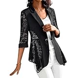 Bluedeer Durchsichtige Jacken Für Damen Ein Knopf Revers 3/4-Ärmel Blazer Bolero Gehäkelter Offener Blazer,Schwarz,L