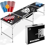 tectake® Bierpong Tisch, inkl. 100 Becher (50 rot & 50 blau) und 6 Bälle, mit Eisfach und Becherhalter, klappbar, höhenverstellbar, Partyspiele für Erwachsene, Trinkspiel Beer Pong