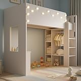 Merax Kinderbett Hochbett 90x200 cm, mit Kleiderschrank, Schreibtisch und Regalen, Etagenbett Einzelbett mit Leiter und Stauraum, für Kinder und Jugend, Ohne Matratze, Weiß/205×108×166cm