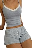 Geagodelia Damen Zweiteiler Lounge Set Pyjamas Sexy Loungewear Schlafanzug Hausanzug Elegant 2 Teiler Set Crop Tank Top + Shorts Sommer Y2k Kleidung Outfit Anzug (D - Grau, S)