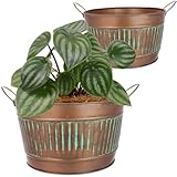 SUSTANIA Pflanztopf 2er Set - Metall Übertopf mit Kupferfinish und grüner Patina, d=20cm H=15,5cm, verzinkter Stahl mit Griffen, Vintage Design