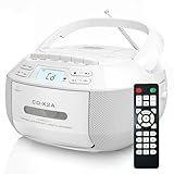 Greadio Tragbarer CD Player, Boombox Kassettenspieler mit Bluetooth, FM Radio mit Fernbedienung, AUX-/USB-Wiedergabe, Kassettenrekorder, AC-Kabel/Batteriebetrieb, LCD-Bildschirm für Kinder (White)
