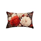 Kissenbezug Rot Kissenbezüge 50x60 cm Blumen Leinen Sofakissen, Rechteckige Dekokissen mit Verstecktem Reißverschluss Doppelseitig Gedruckt Couchkissen Lendenkissen, Herbst Deko Wohnzimmer Q9-315