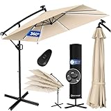 KESSER® Ampelschirm Holly Sonnenschirm Rechteckig LED Solar inkl. Abdeckung | Kurbel-Schirm mit Ständer UV-Schutz Aluminium Wasserabweisend Ø350cm Gartenschirm Beige