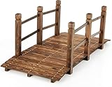 FANTASK Holzbrücke Gartenbrücke, Teichbrücke mit Geländern, Zierbrücke bis 180 kg belastbar, Brücke aus massivem Tannenholz, Braun