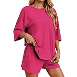 2 Teiler Damen Rundhals-T-Shirt sportliche Shorts für Sport Sommer, Freizeitkleidung, bequemes, maschinenwaschbares Outfit Pärchen Schlafanzug(RD2,XXL)
