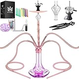 Ryosee 100cm 4 Schlauch Shisha Set mit LED Licht, 4 Anschlüssen Hookah-set aus Aluminiumrohr mit Molassefänger,Ausgestattet mit 4 Silikonschläuchen und Griff, shisha mit 4 schläuchen(Rosegold)