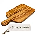 DAS OLIVENHOLZBRETT® rechteckiges Schneidebrett mit Griff/Kräuterbrett mit Griff/Zwiebelbrett mit Griff/Servierbrett mit Griff und abgerundeten Ecken / 25 cm incl. Griff
