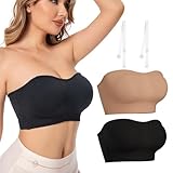 2 Stück Bandeau BH Damen Trägerloser BH Push Up Bustier Top ohne Bügel Schulterfrei Bra Tube Top mit Rutschfester Silikon Transparente Träger Beige+Schwarz L