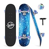 BELEEV Skateboard 31x8 Zoll, LED Wheels Komplette Cruiser Skateboard für Kinder Jugendliche Erwachsene, 7-Lagiger Kanadischer Ahorn Double Kick Deck Concave mit All-in-one Skate T-Tool für Anfänger