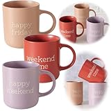 LS-LebenStil 3´er Set Jumbo Kaffeebecher Spruch Happy Weekend 420ml Gute Laune XXL Henkelbecher Kaffeetasse