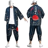 Generisch Sommer Kimono Herren Japanische Traditioneller Freizeitanzug Cardigan Jacke 2 Teiler Mit 3D Drucken Hosenanzug Harajuku Loose Anime Kleidung Cosplay Strickjacke Oversized