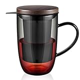 ecooe 440 ml Schwarze Glas Teetasse Borosilikat Teebecher Teeglas mit Ultrafein 18/8 Edelstahlsieb Natürlicher Bambus Deckle Verdickter für Kaffee Saft Kohlensäurehaltige Getränke Milch Joghurt