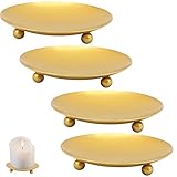4 Stück Kerzenständer Gold für Stumpenkerzen, Elegante Kerzenteller und Dekorativer Kerzenhalter aus Metall, Schlichte Kerzenschale für Hochzeit, Romantisches Dinner Wohnaccessoire oder Geschenk
