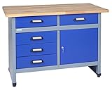 Küpper Werkbank 12047 ultramarinblau, 120x84x60cm, 5 Schubladen, 1 Tür, 300 kg Traglast, 30 mm massive Buchenarbeitsplatte