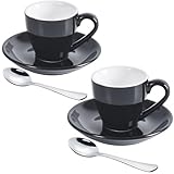 ionEgg Espressotasse aus Porzellan mit Untertasse und Mini-Löffeln aus Edelstahl, Espresso-Schnapsbecher, 80 ml, 2 Stück, Schwarz
