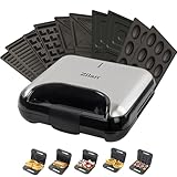 5-in-1 Sandwichmaker Waffeleisen Nussbäcker Kontaktgrill Elektogrill mit Wechselplatten für Sandwich (quadratisch & dreieckig) belgische Waffel Zaubernüsse Antihaftbeschichtung Cool-Touch-Griffe