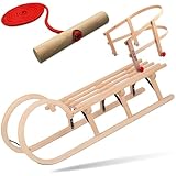 Explorer Colint Holzschlitten mit Rückenlehne für Kinder ab 1 Jahr und Erwachsene Set Schlitten Holz Hörnerschlitten mit Leine und Vollholz Rückenlehne in Rot 110cm Alpina Fun