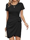 Missufe Wickelkleid Sommerkleid Minikleid Kurzarm Freizeitkleid Damen T Shirt Enges Bodycon Gerafftes Krawattenkleid (schwarz, XX-Large)