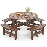COSTWAY Picknicktisch Set für 8 Personen, Gartentisch aus Holz mit Schirmloch & 4 Bänken, Terrassenmöbel, Gartenmöbel, runde Sitzgruppe, Sitzgarnitur für Garten, Terrasse (Braun)